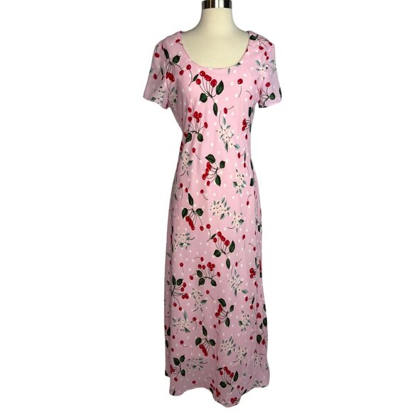 VTG Softgirl Cottagecore Ronni Nicole By Ouida Pink Cherry Print Maxi Dress Sz8 - Picture 1 of 9
